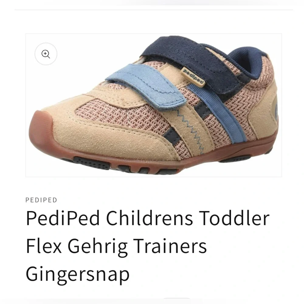 Pediped Gehrig baby shoes in Gingersnap tan and blue with hook & loop straps